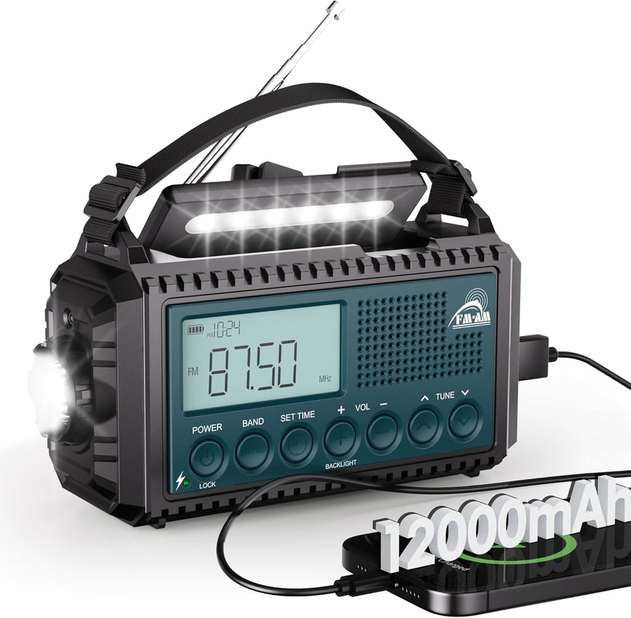 12000mAh Solar & Hand Crank Emergency Radio AM/FM Torch USB