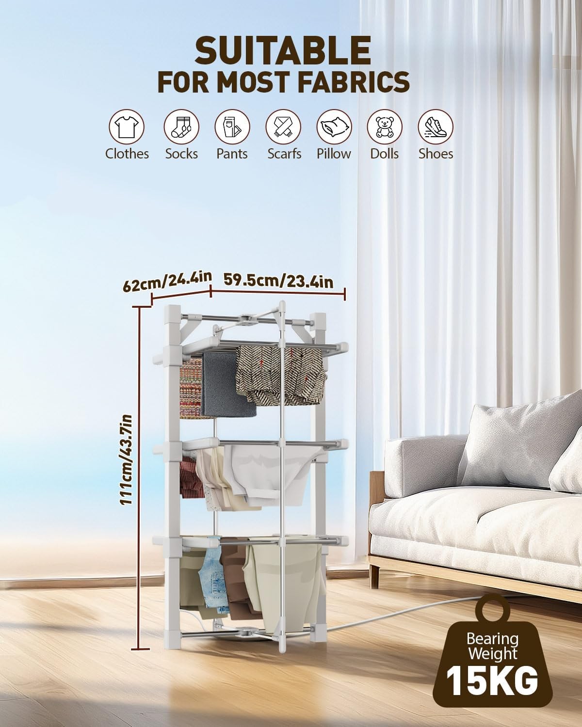 3 Tier Heated Clothes Airer Electric Dryer 24 Heated Bars With Cover