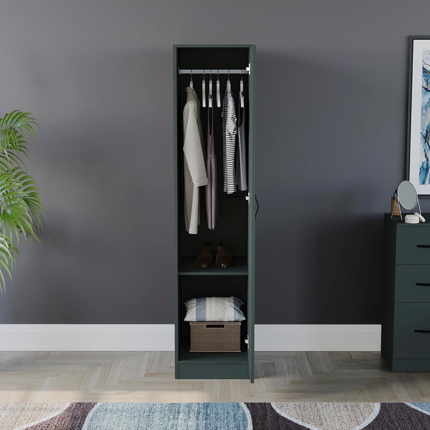 Modern Single Door Bedroom Wardrobe with Hanging Rail & Shelf Storage