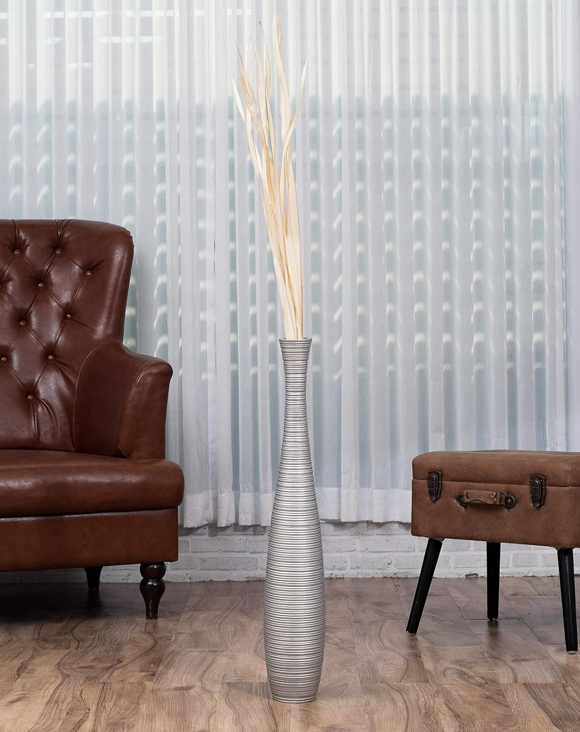 Silver Floor Vase 65cm Tall Wooden Decor for Pampas Grass