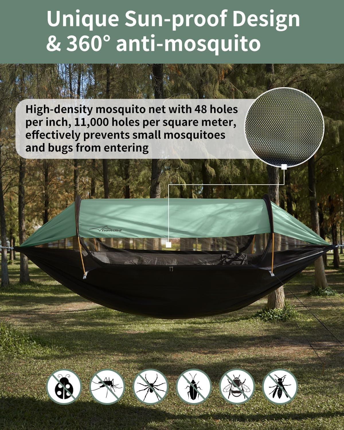 Extra Large Camping Hammock Tent 290x140cm w/ Mosquito Net & Sunshade – 2 Person