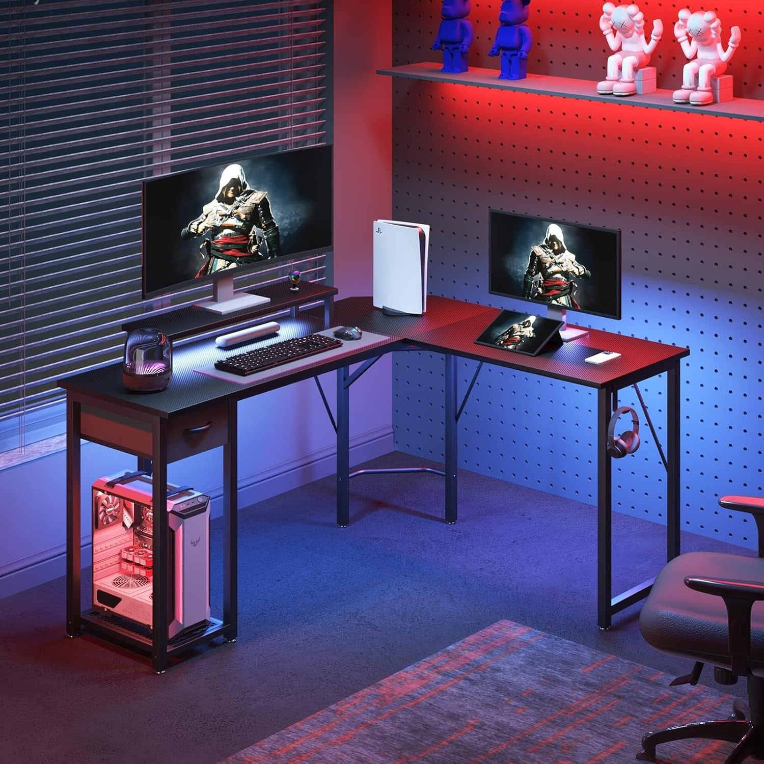 L Shaped Computer Desk Corner Gaming Table Monitor Stand Drawer Shelf
