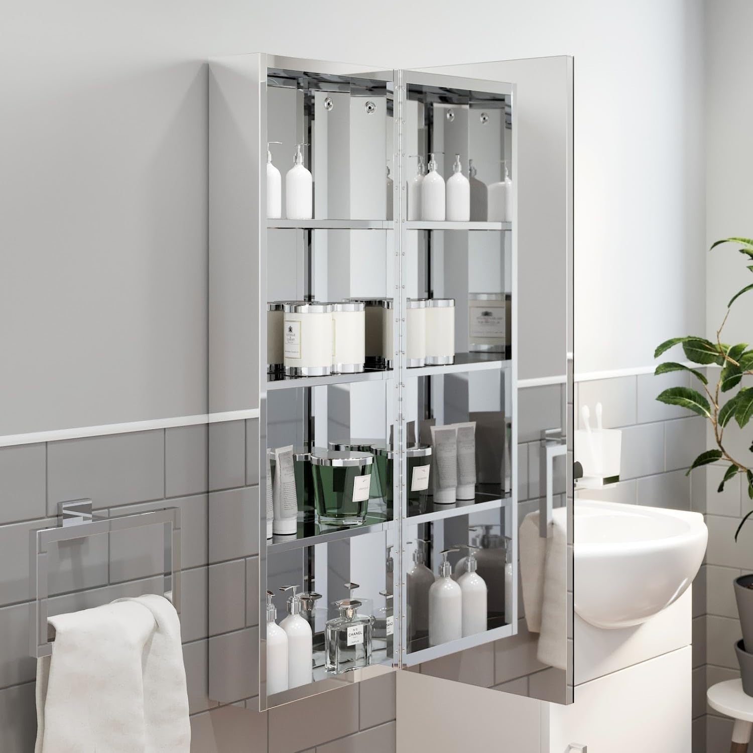 Bathroom Mirror Cabinet Wall Storage, Tall Slim Stainless Steel Unit 900mm