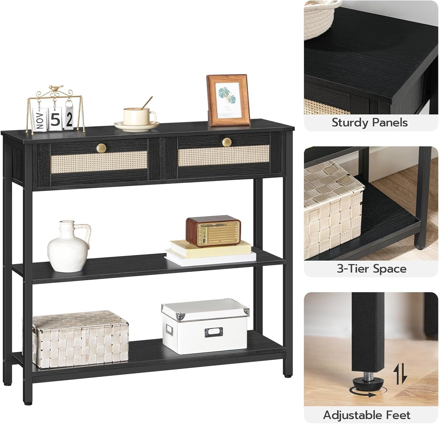 Black Rattan Console Table with Drawers & Shelves, Narrow Hallway Storage