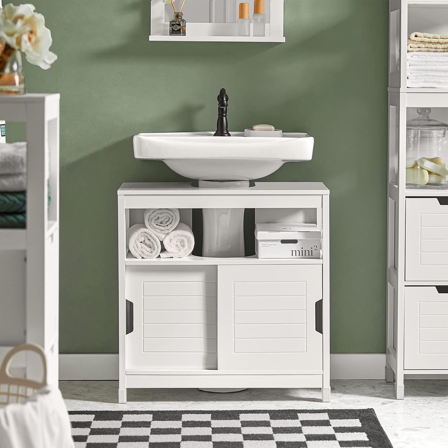 White Under Sink Bathroom Cabinet with Sliding Doors Storage Cupboard