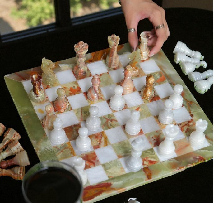 Luxury 10x10” Marble Chess Set Onyx Green & White – Premium Stone Board