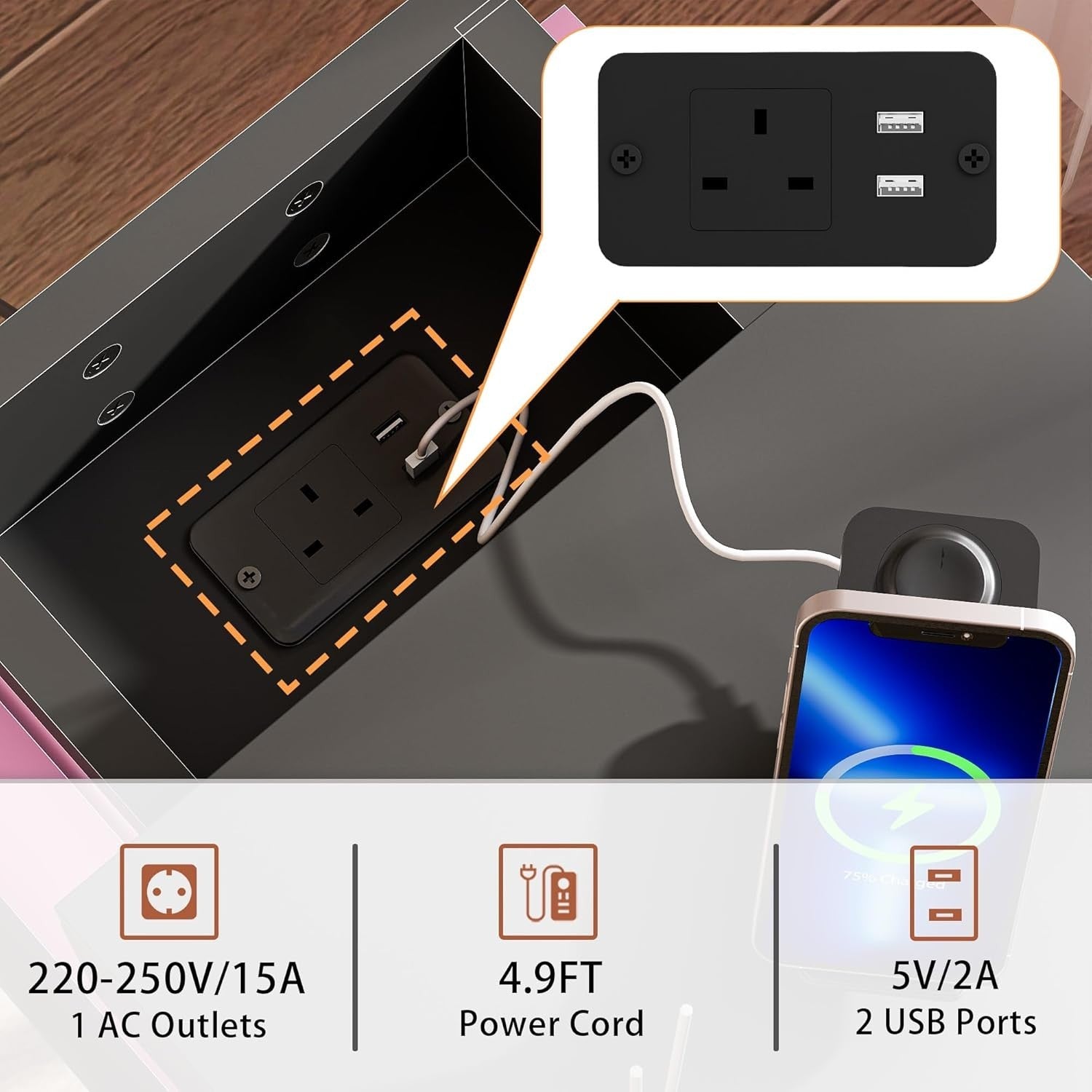 Modern LED Bedside Table with USB Charging, 3 Drawers + Hidden Storage