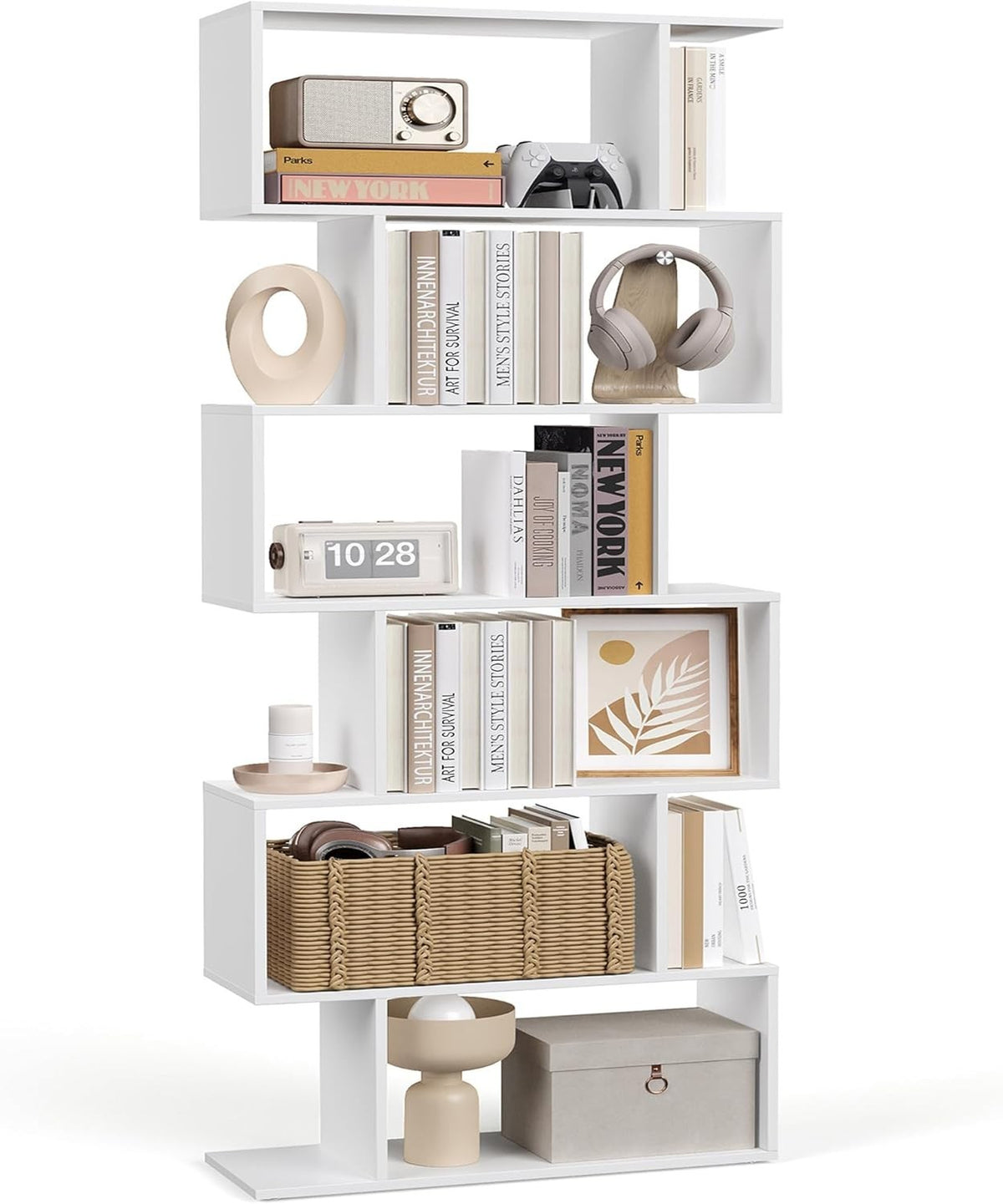 6 Tier White Bookcase S-Shaped Storage Shelf Room Divider Display 70x24x191cm