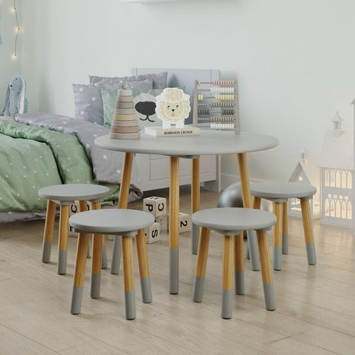 Kids Wooden Round Table & 4 Chair Set Grey, Sturdy Toddler Activity Furniture