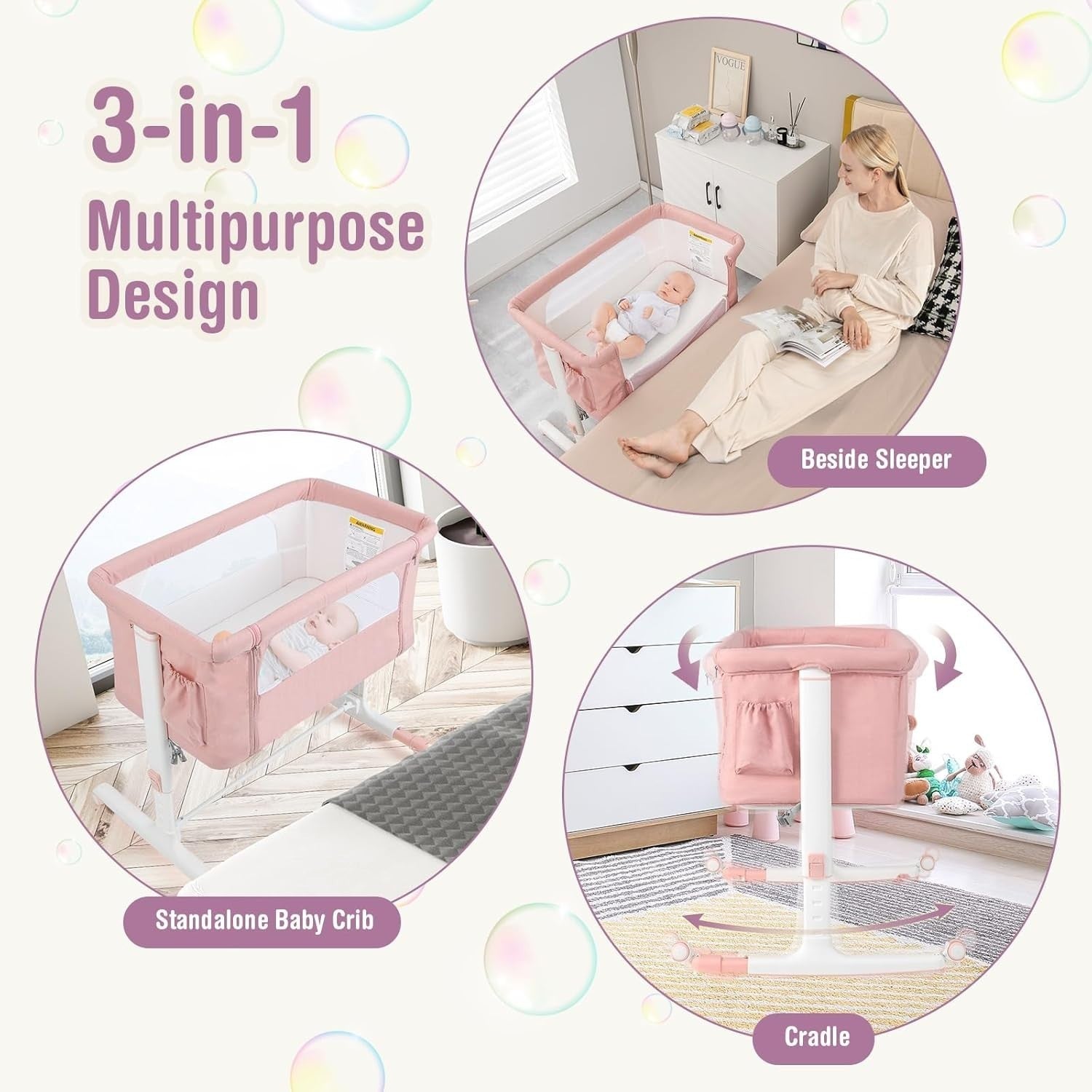 3in1 Baby Bassinet Bedside Crib Co-Sleeper Cot with Mattress & Wheels Pink