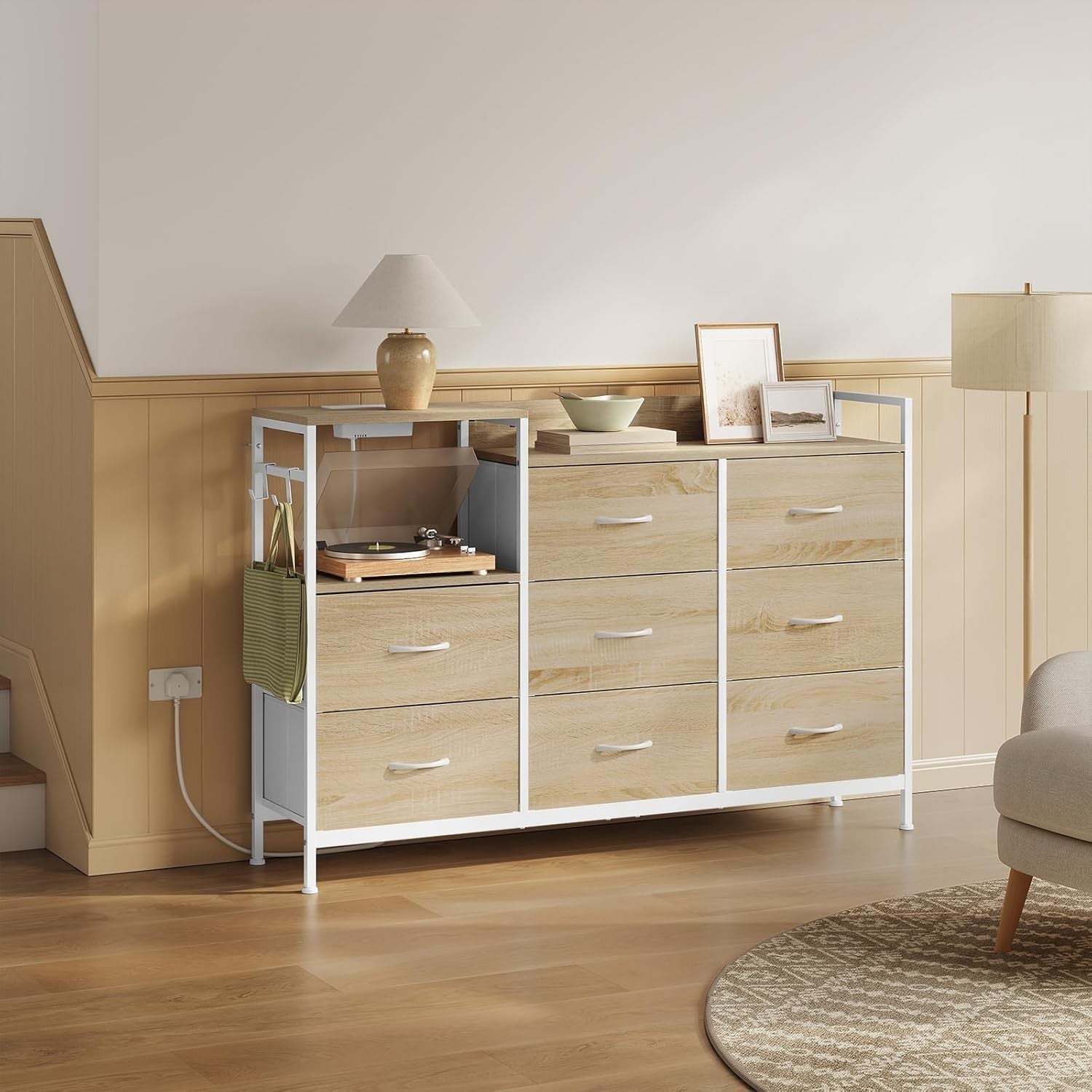 8 Drawer Fabric Chest with USB Ports Power Strip Light Oak White Storage Unit
