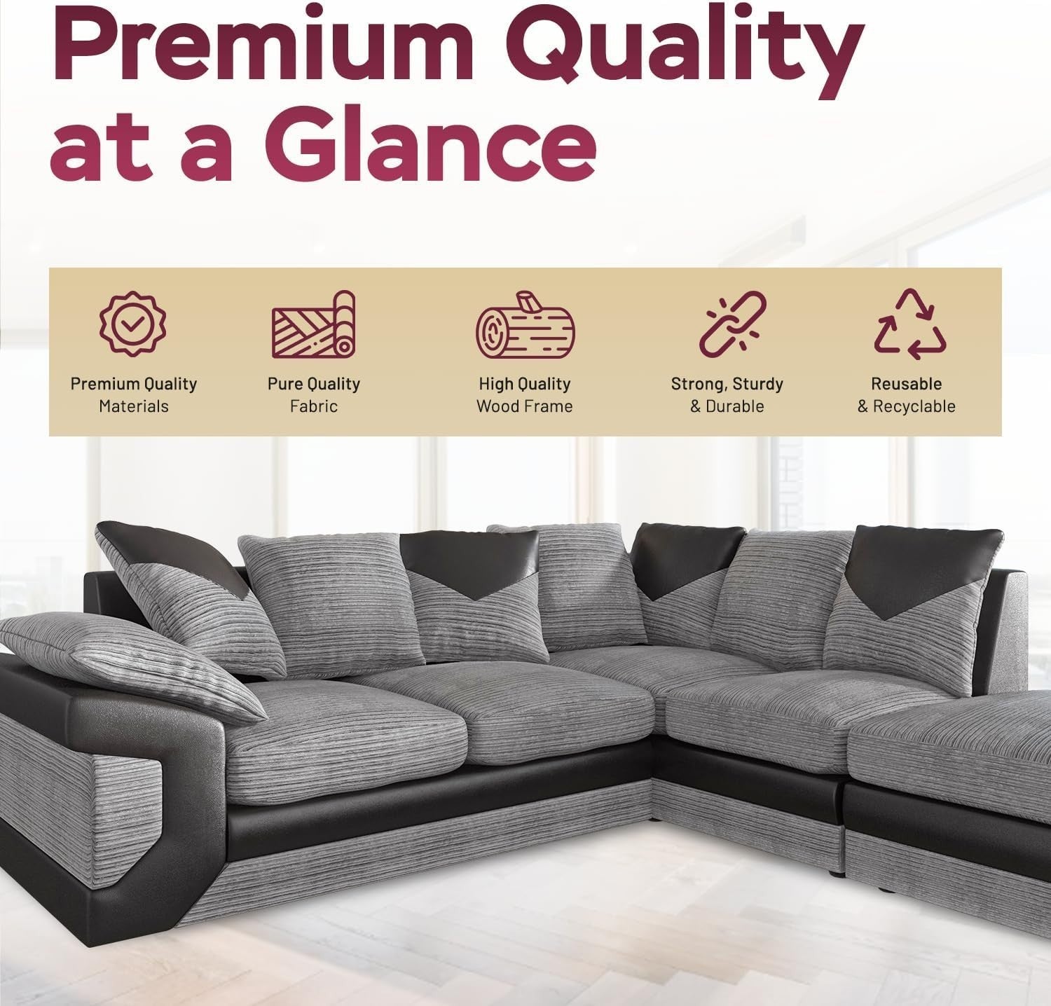 5-Seater Left Hand L-Shape Corner Sofa Fire Resistant Leather Fabric Comfort