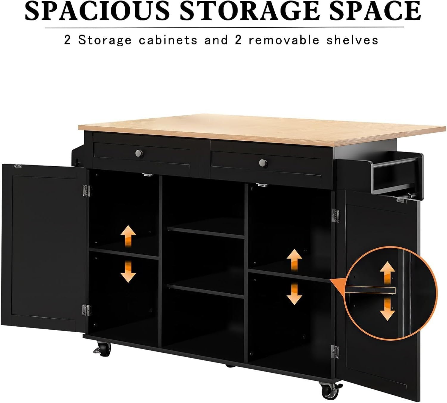 Rolling Kitchen Island Cart with Drop Leaf, Storage Cabinets & Wheels