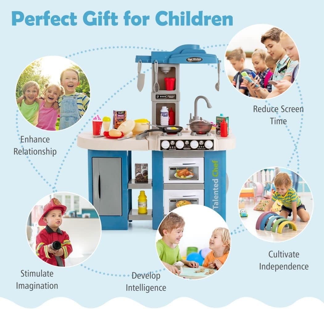 Kids Kitchen Playset w/ 67PCS Lights Sounds Steam Sink Blue Toy