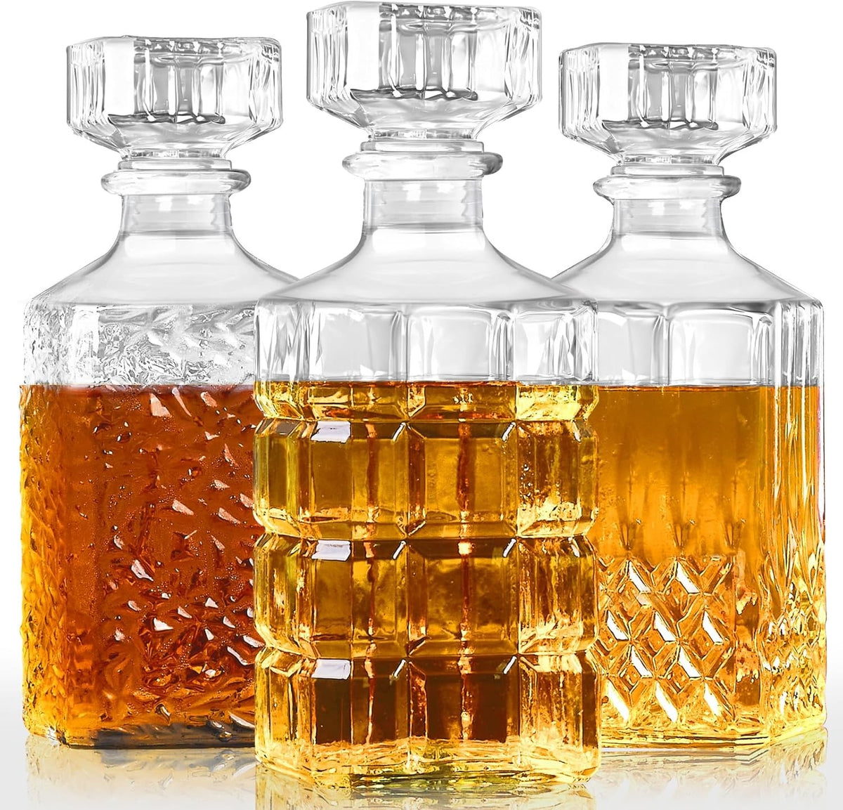 3 Piece Glass Whiskey Decanter Set 33.8oz Vintage Cut Bar Bottles