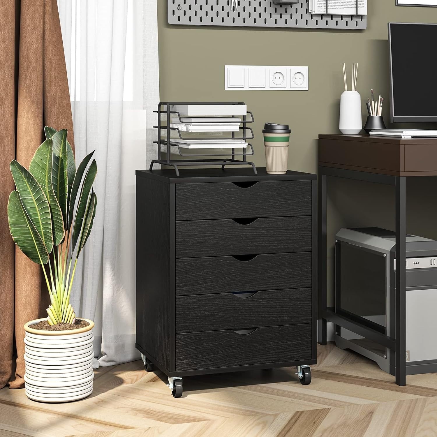 Black Rolling 5 Drawer File Cabinet Under Desk Office Storage Chest