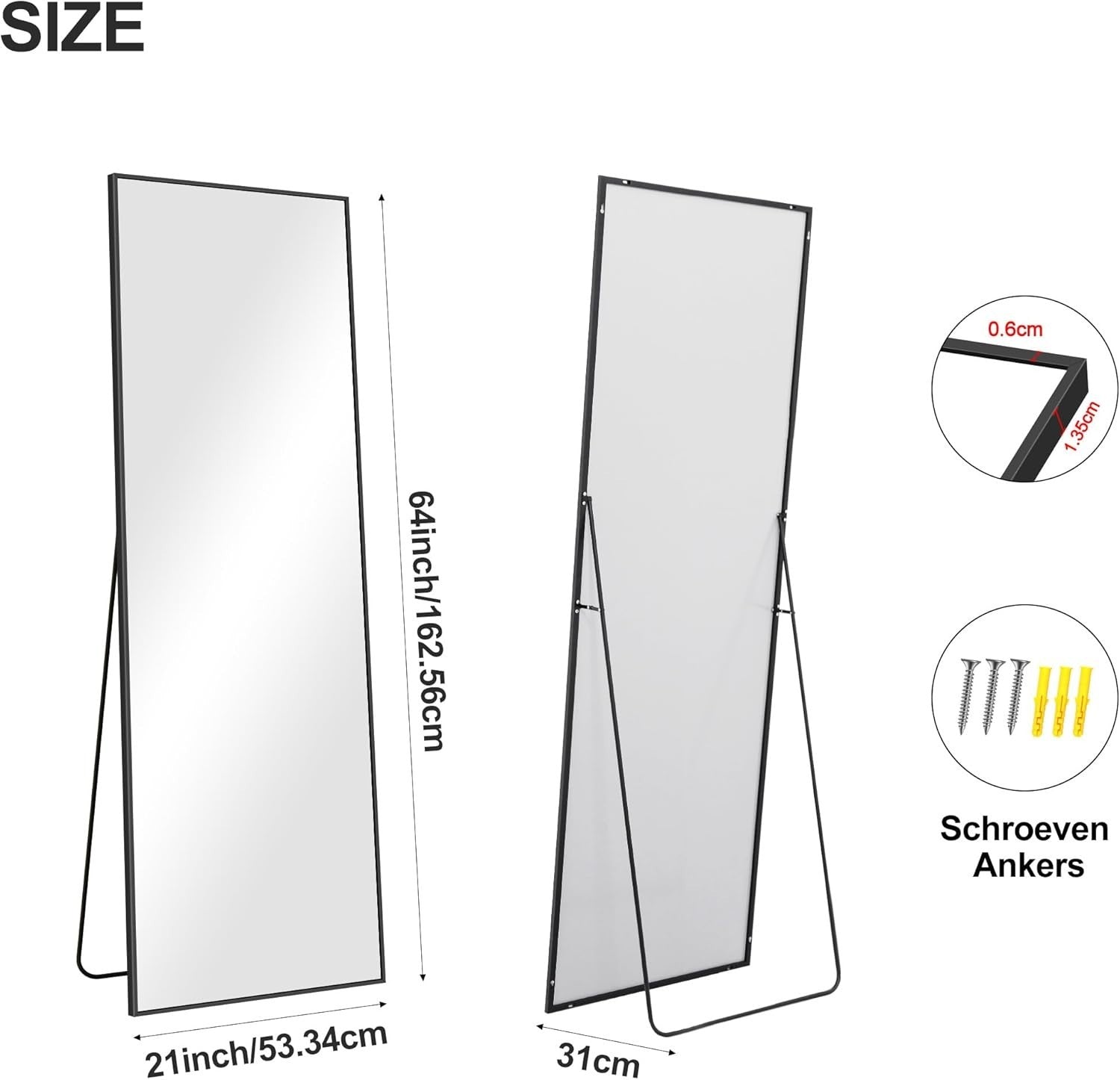 Full Length Mirror 161x52cm Wall Leaning Floor Mirror Black Frame Modern
