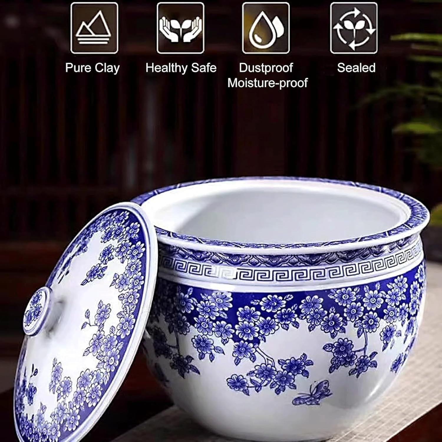 Blue Ceramic Rice Storage Jar Airtight Grain Container with Lid