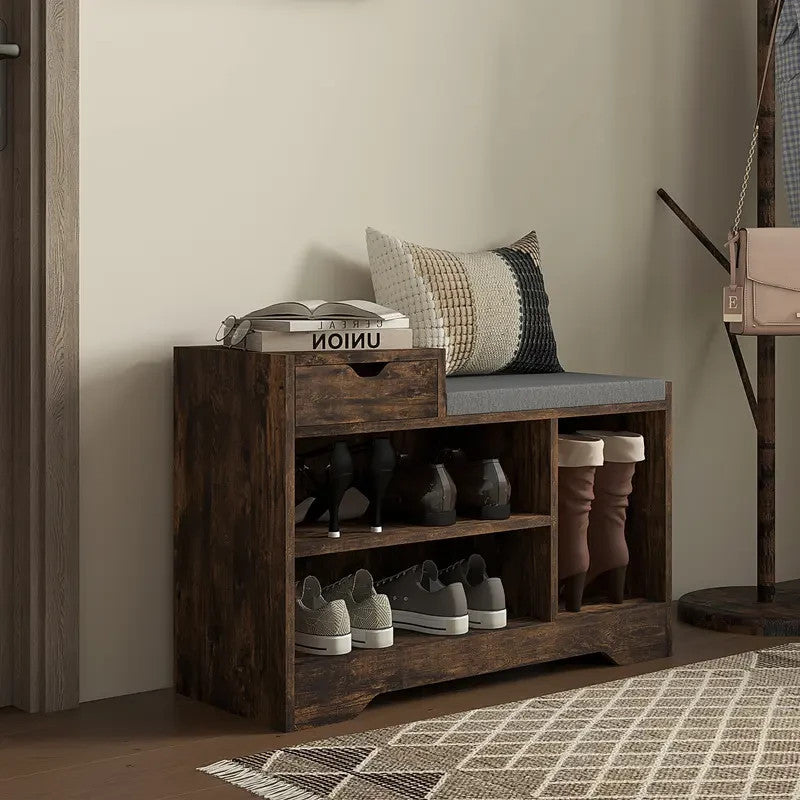Shoe Storage Bench with Drawer & 3 Open Shelves | Rustic Hallway Seat