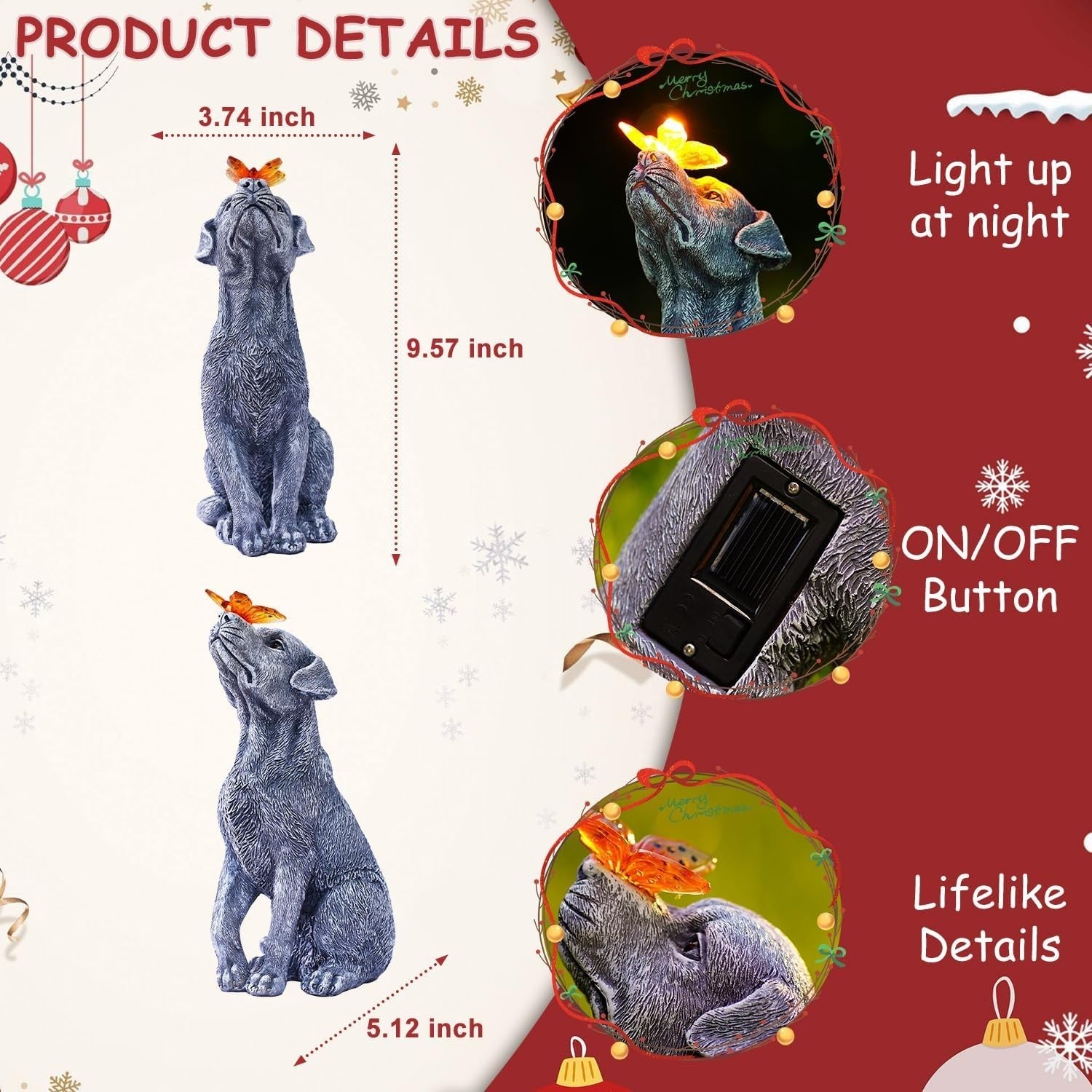 Solar Dog Garden Ornament with Lighted Butterfly Resin Waterproof Outdoor Decor