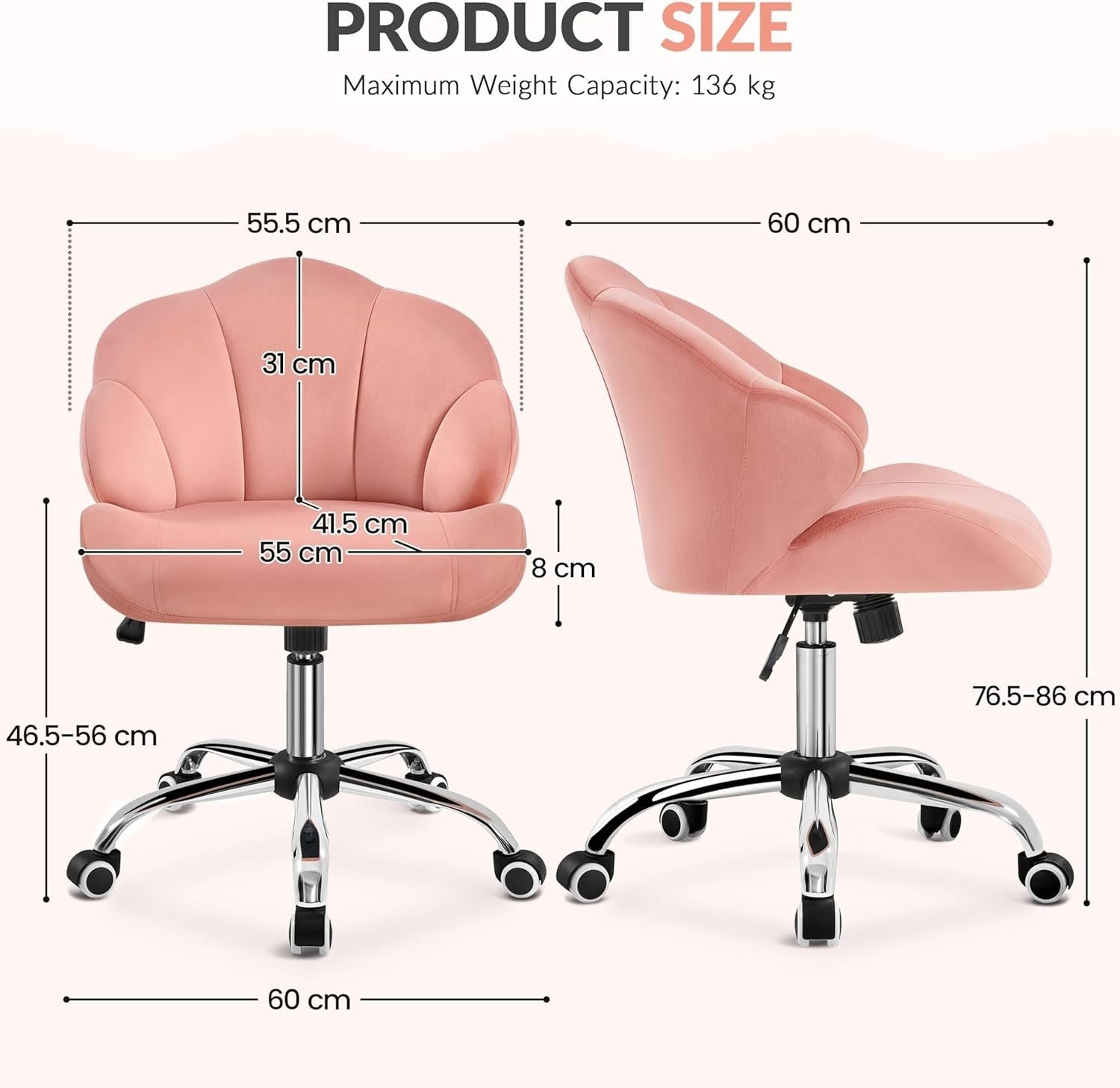 Pink Velvet Shell Back Swivel Vanity Chair w/ Wheels Adjustable Desk Seat