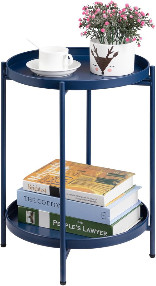 Small Round Metal Side Table 2-Tier Removable Tray Coffee Table Dark Blue