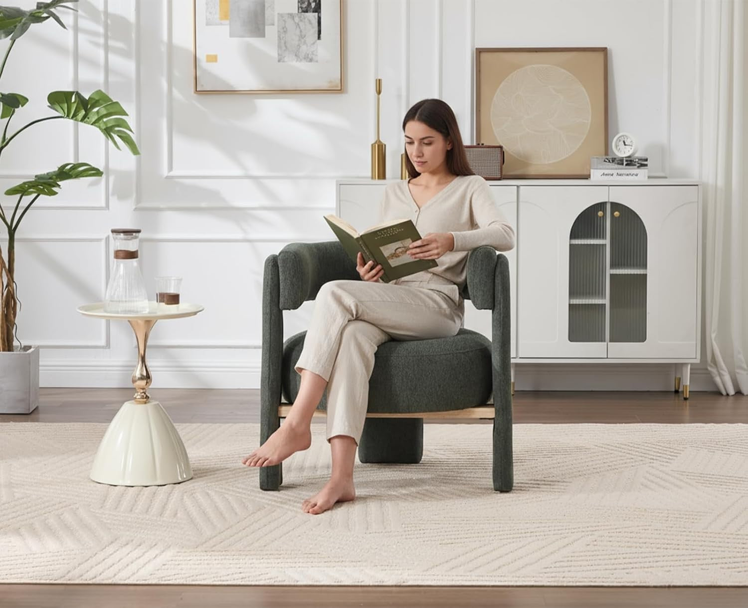 Green Chenille Accent Armchair – Modern Semi-Circular Lounge Chair for Bedroom