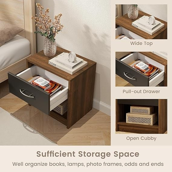 Modern Brown Bedside Table with Drawer & Open Shelf | Compact Nightstand