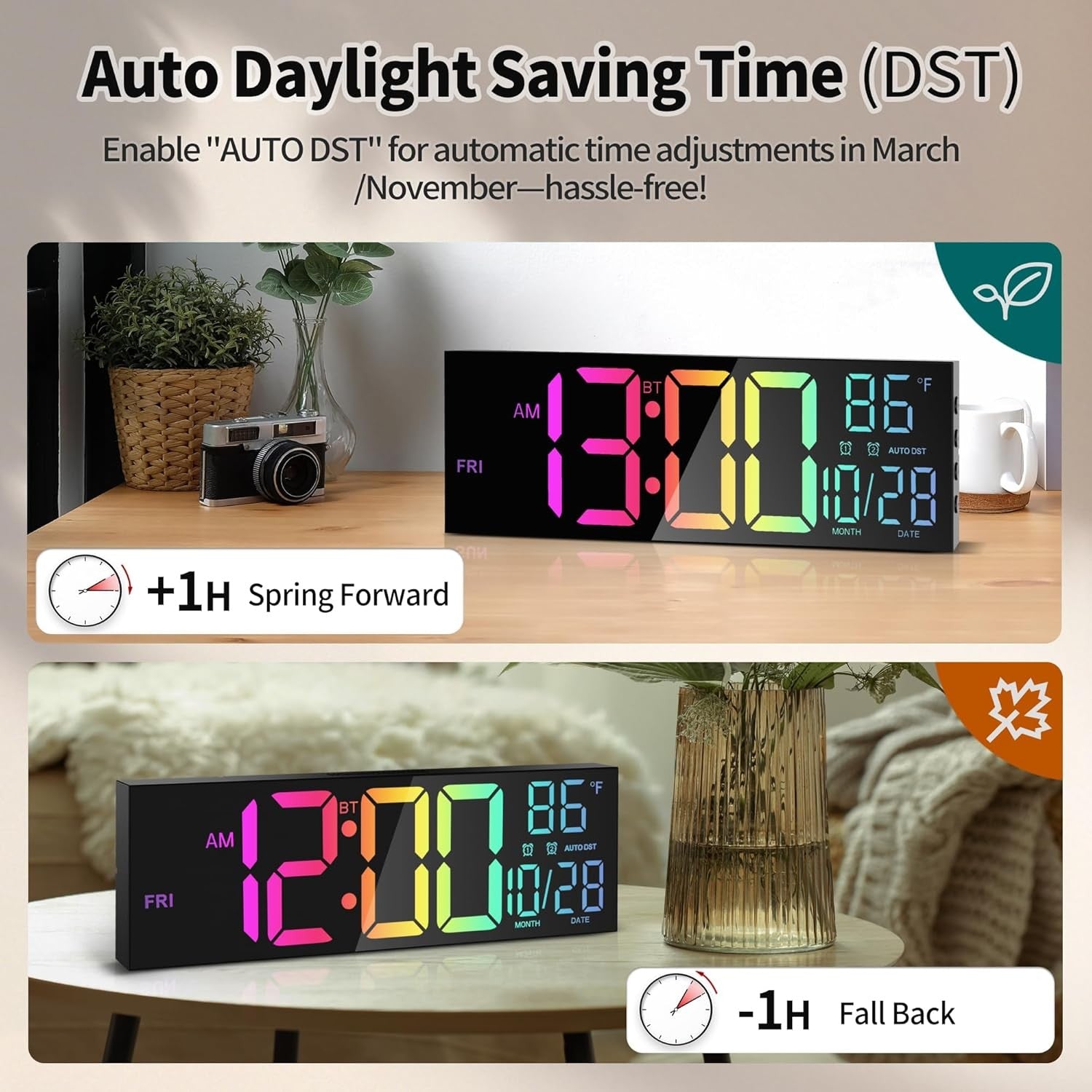 16.5" Large Digital Wall Clock RGB LED Display Temp Date Alarms Remote Sync