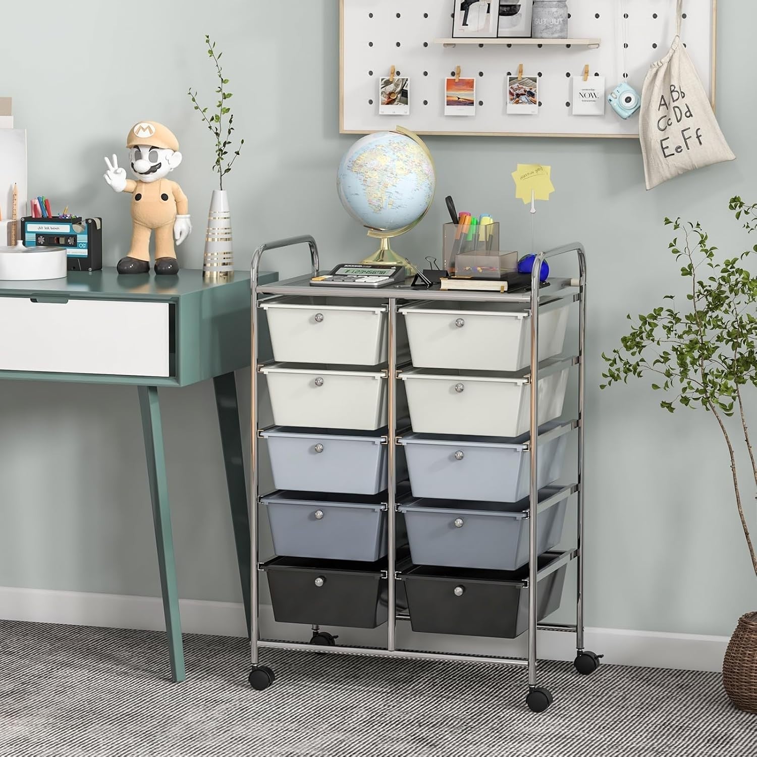 Gradient Grey 10 Drawer Rolling Storage Cart Utility Organizer Trolley