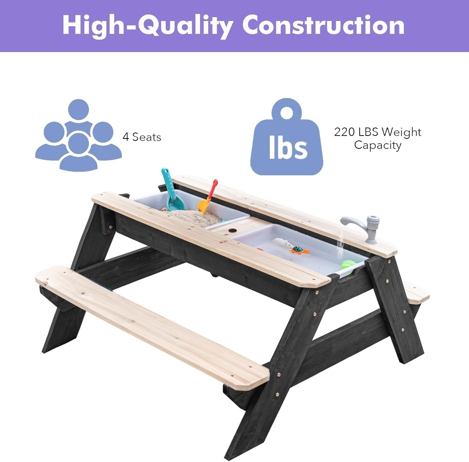 Kids Sand & Water Picnic Table w/ Umbrella | 3-in-1 Outdoor Wood Bench