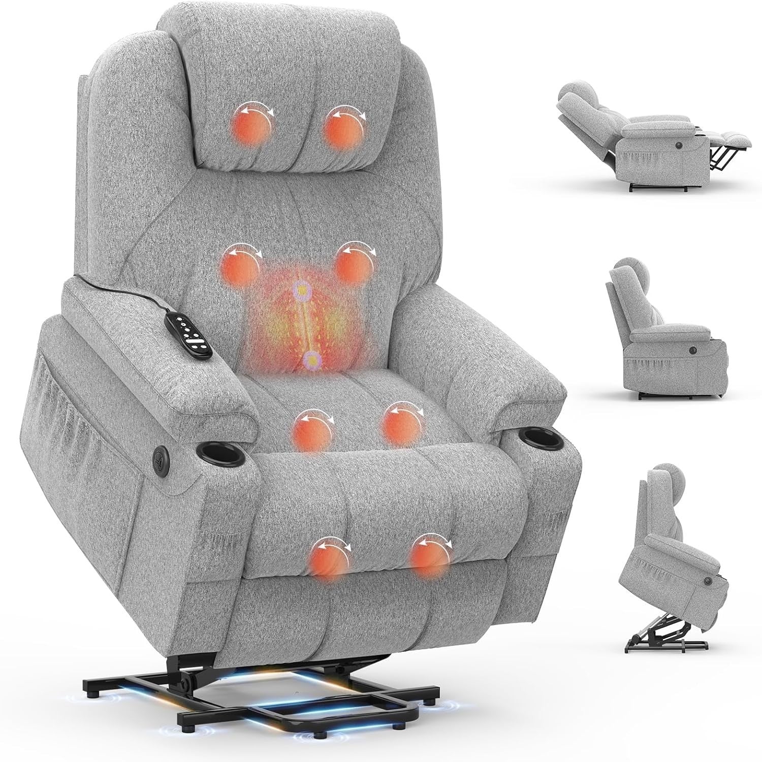 Power Lift Recliner Chair Massage Heat USB Type-C Fabric Grey Cup Holders Pocket