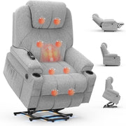 Power Lift Recliner Chair Massage Heat USB Type-C Fabric Grey Cup Holders Pocket