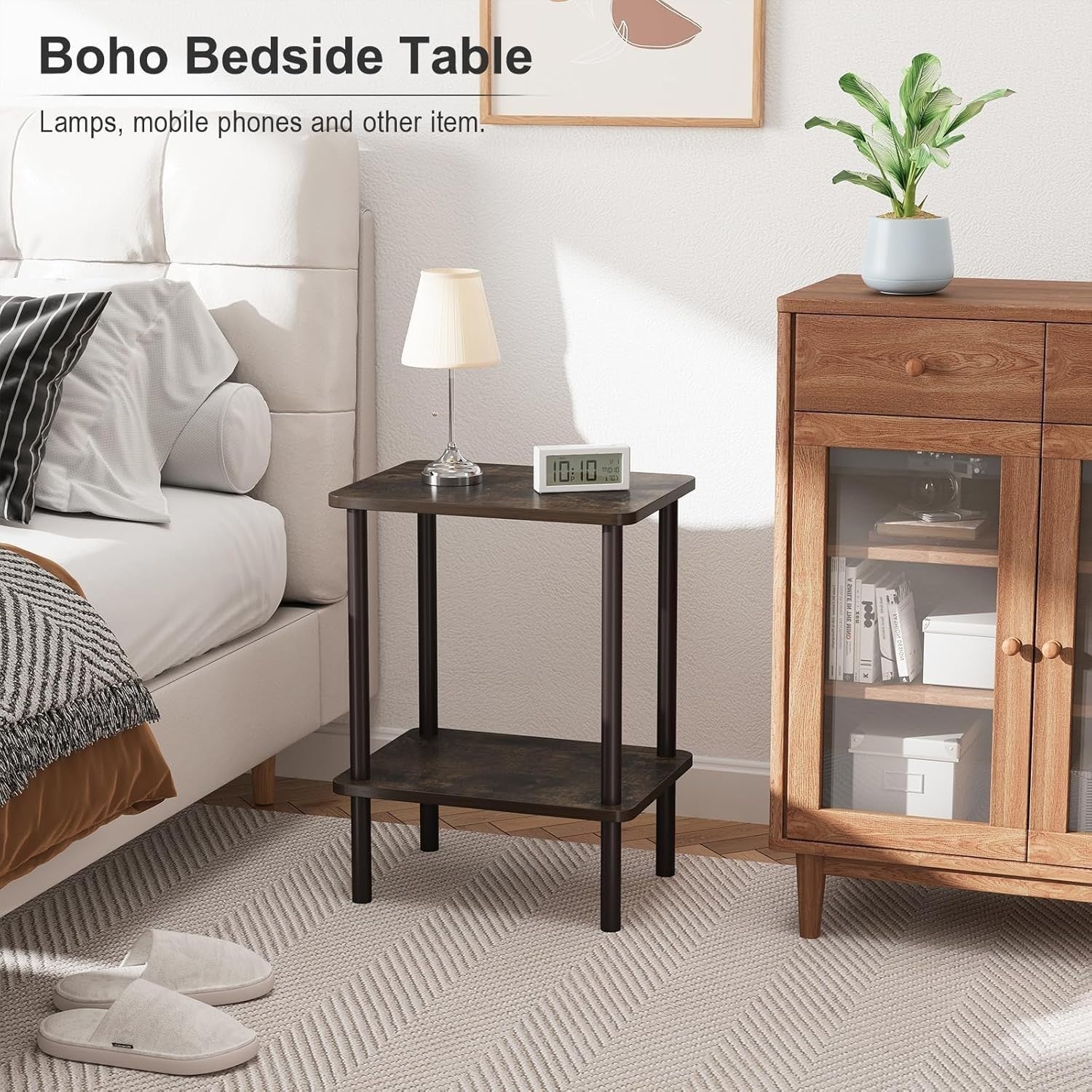 Oak Narrow Bedside Table with Shelf – 2-Tier Small End Table for Living Room