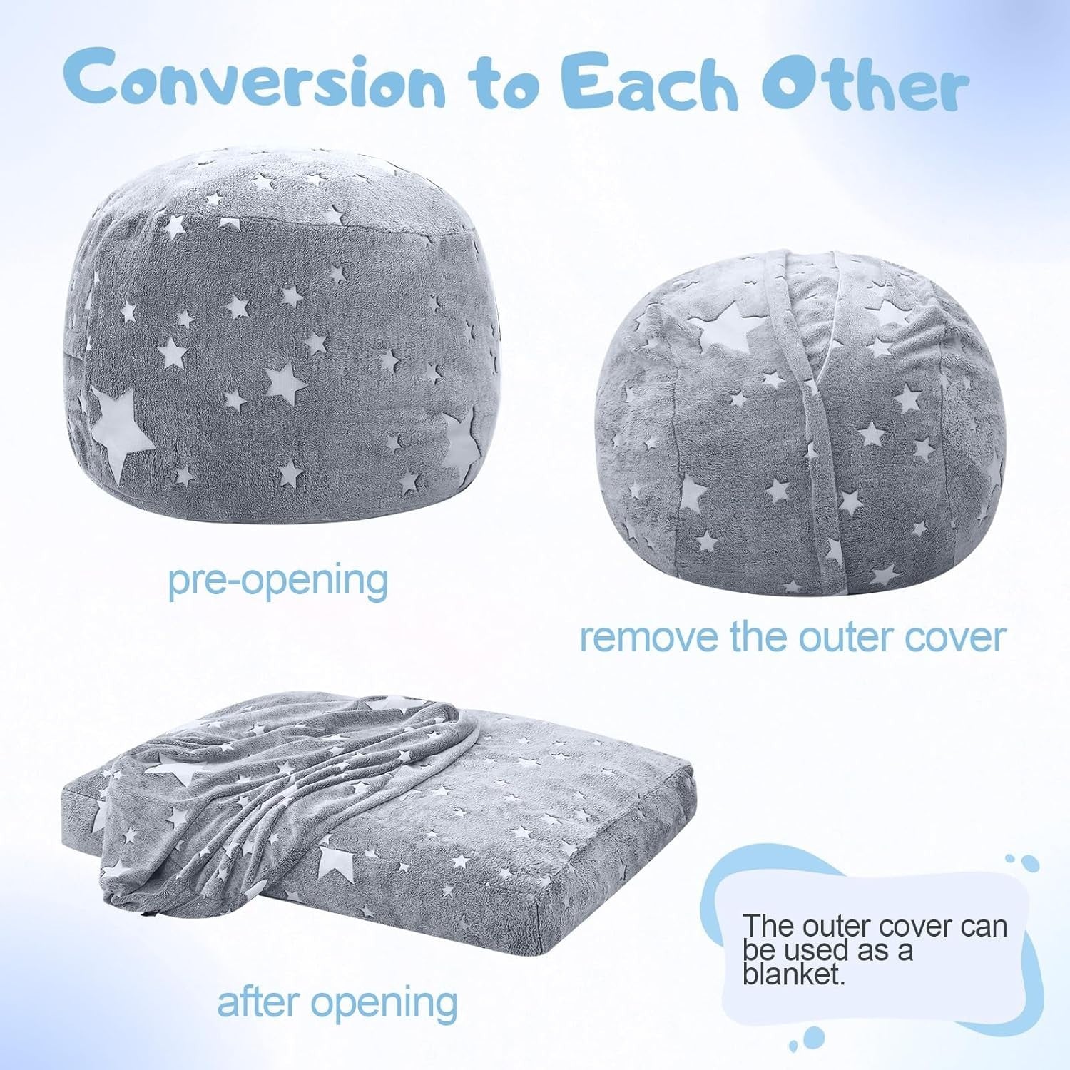 Kids Bean Bag Chair Bed Sofa Convertible Floor Mattress Grey Stars
