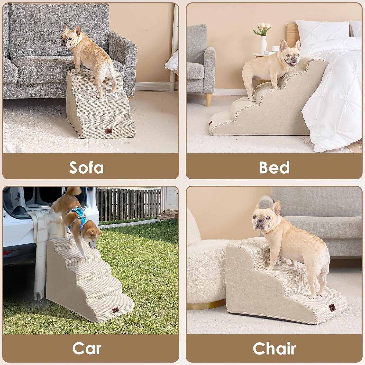 4 Step Dog Stairs for High Bed Non Slip Foam Pet Steps Washable Cream