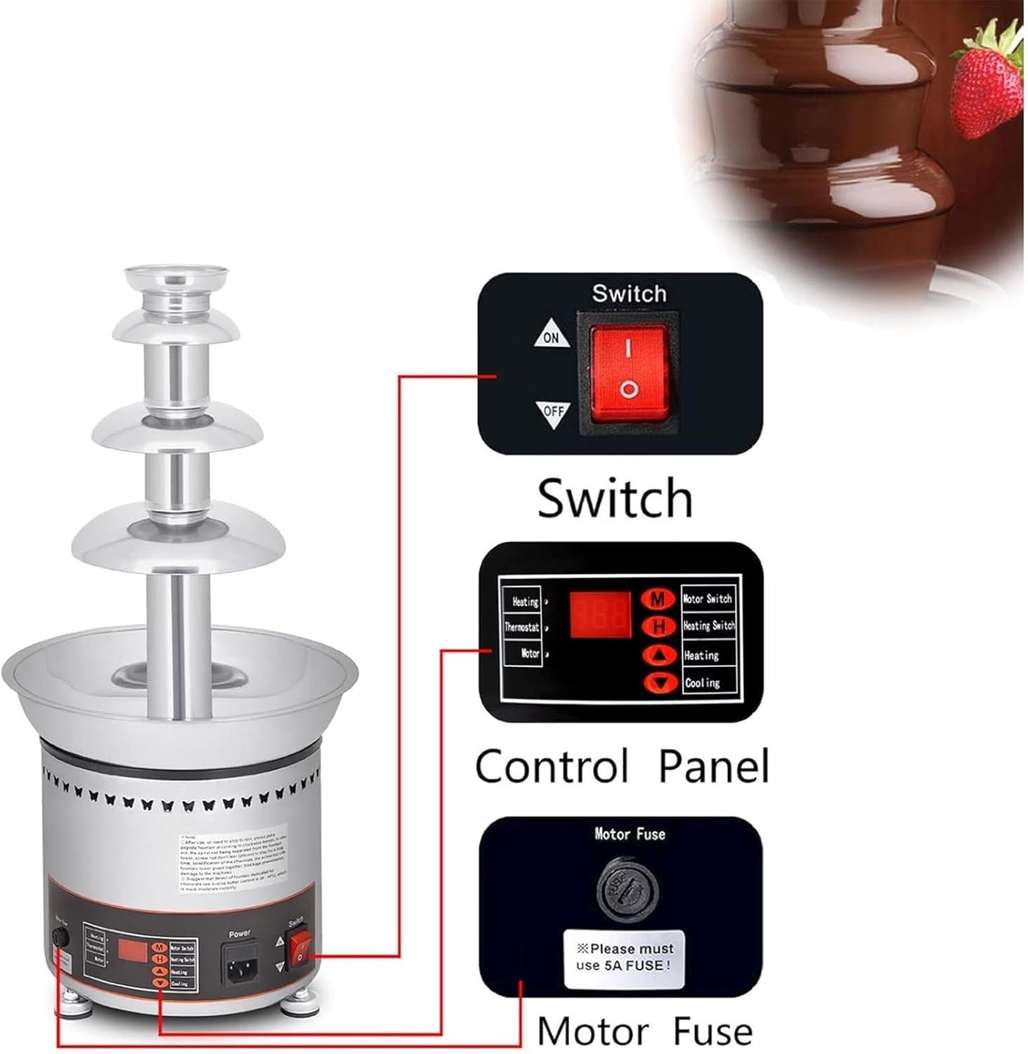 5 Tier Commercial Chocolate Fountain Machine Fondue Temperature Control