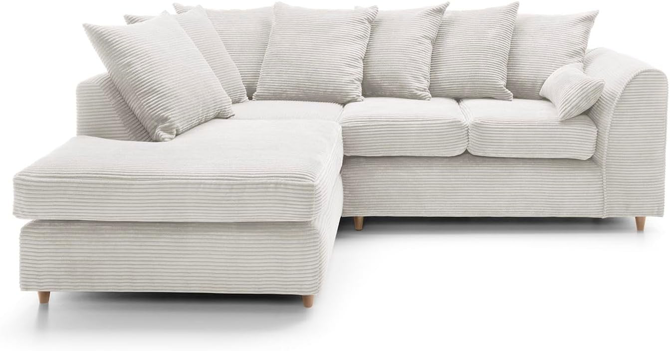 White Jumbo Cord Corner Sofa | L Shape Chaise Lounge | Deep Cushions | 4 Seater