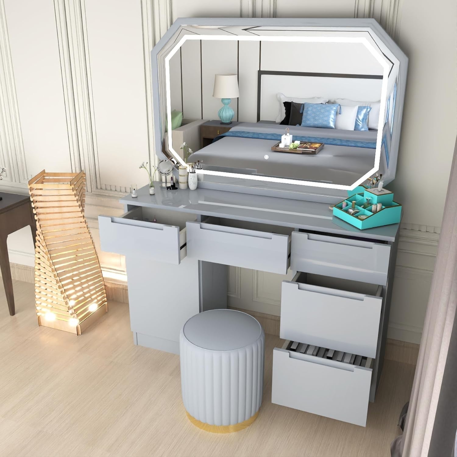 Dresser Vanity Set with LED Mirror Stool 7 Drawers Makeup Table Grey White Black