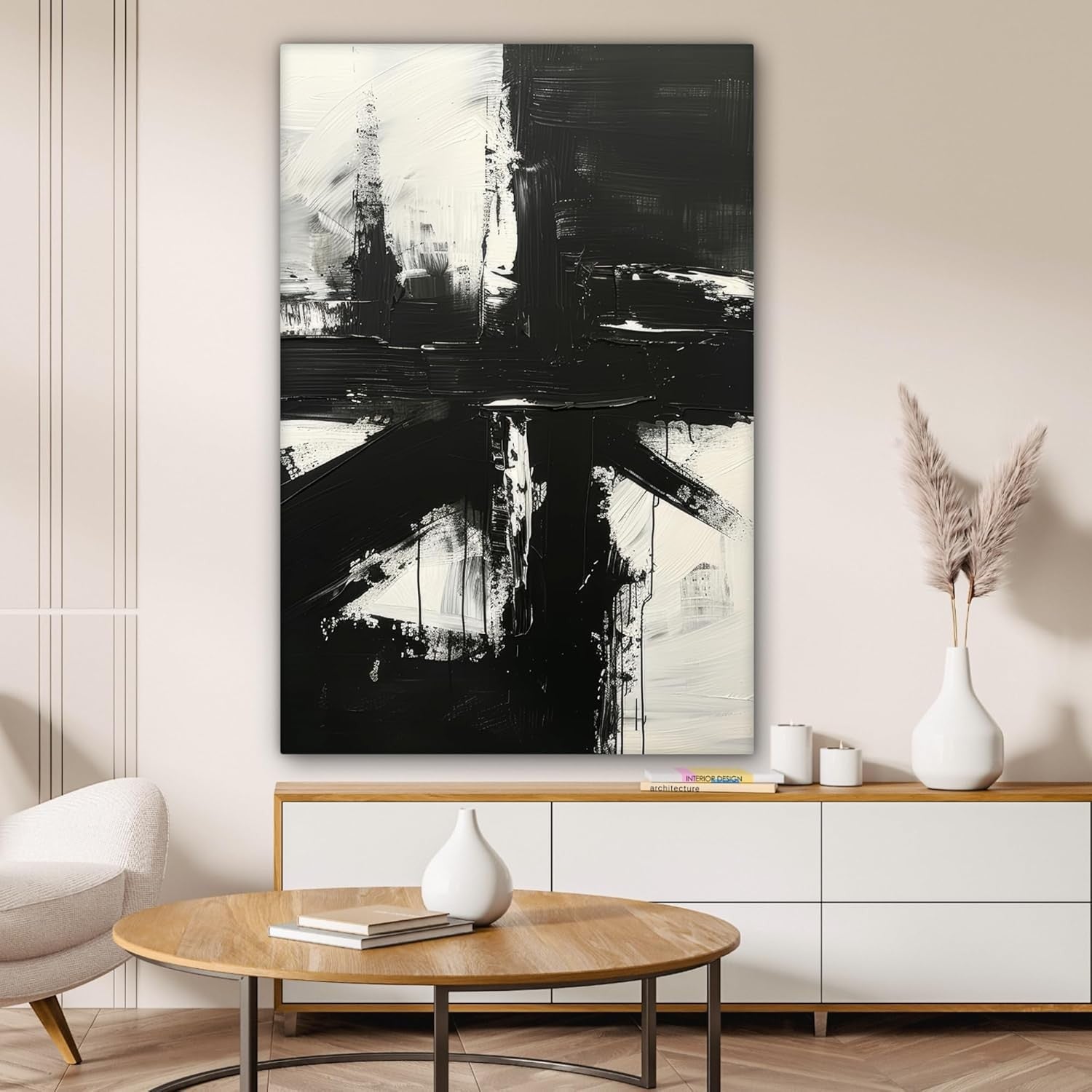 Large Black White Abstract Canvas Wall Art Modern Minimalist 31x47
