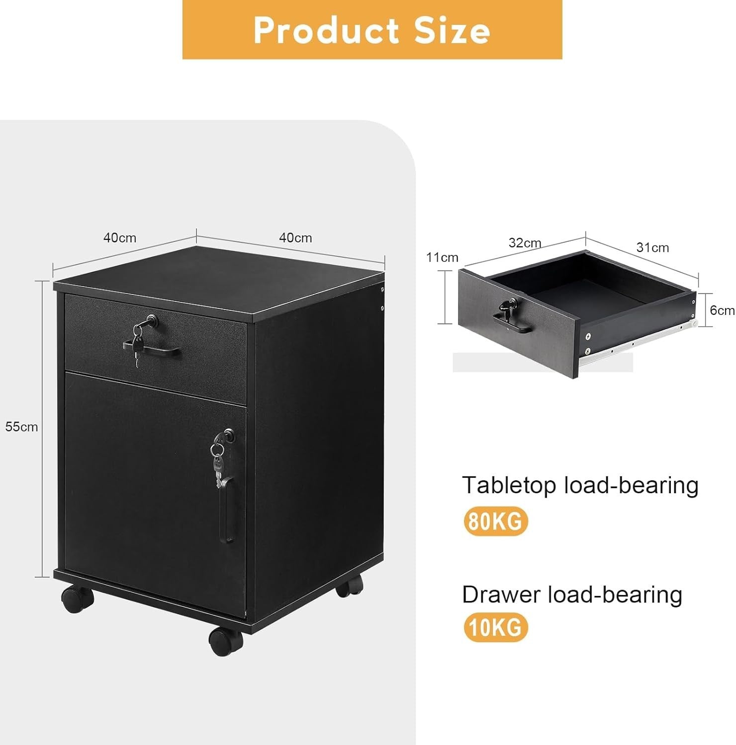 Black Mobile File Cabinet 40cm Lockable Under Desk Printer Stand