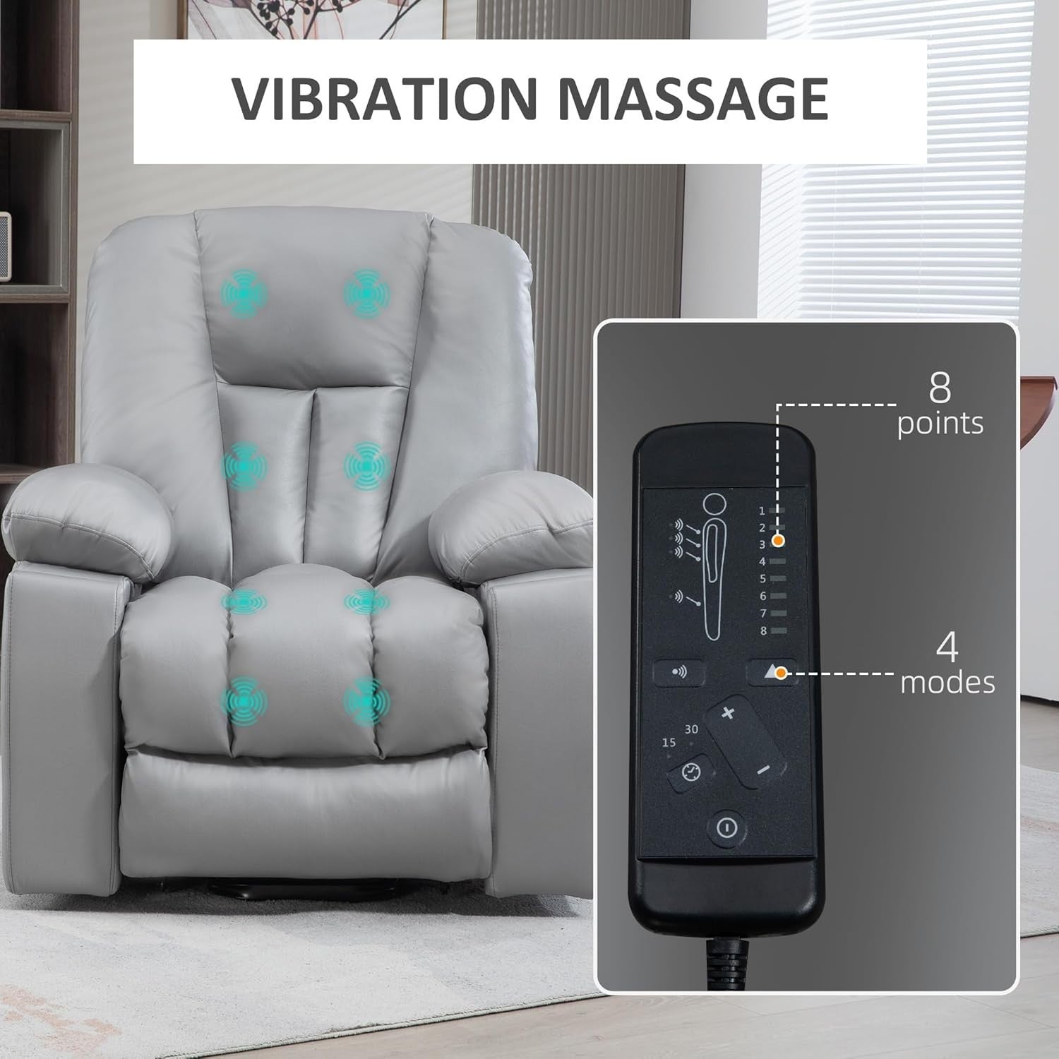 Power Lift Recliner Chair Massage 135° Recline Cup Holder Pocket Spring Grey
