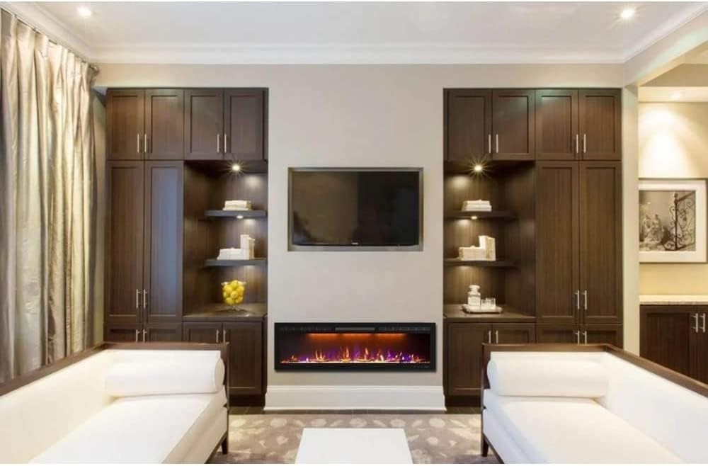152cm Electric Wall-Mount Fireplace with Thermostat, 3 Flame Colors, Alexa