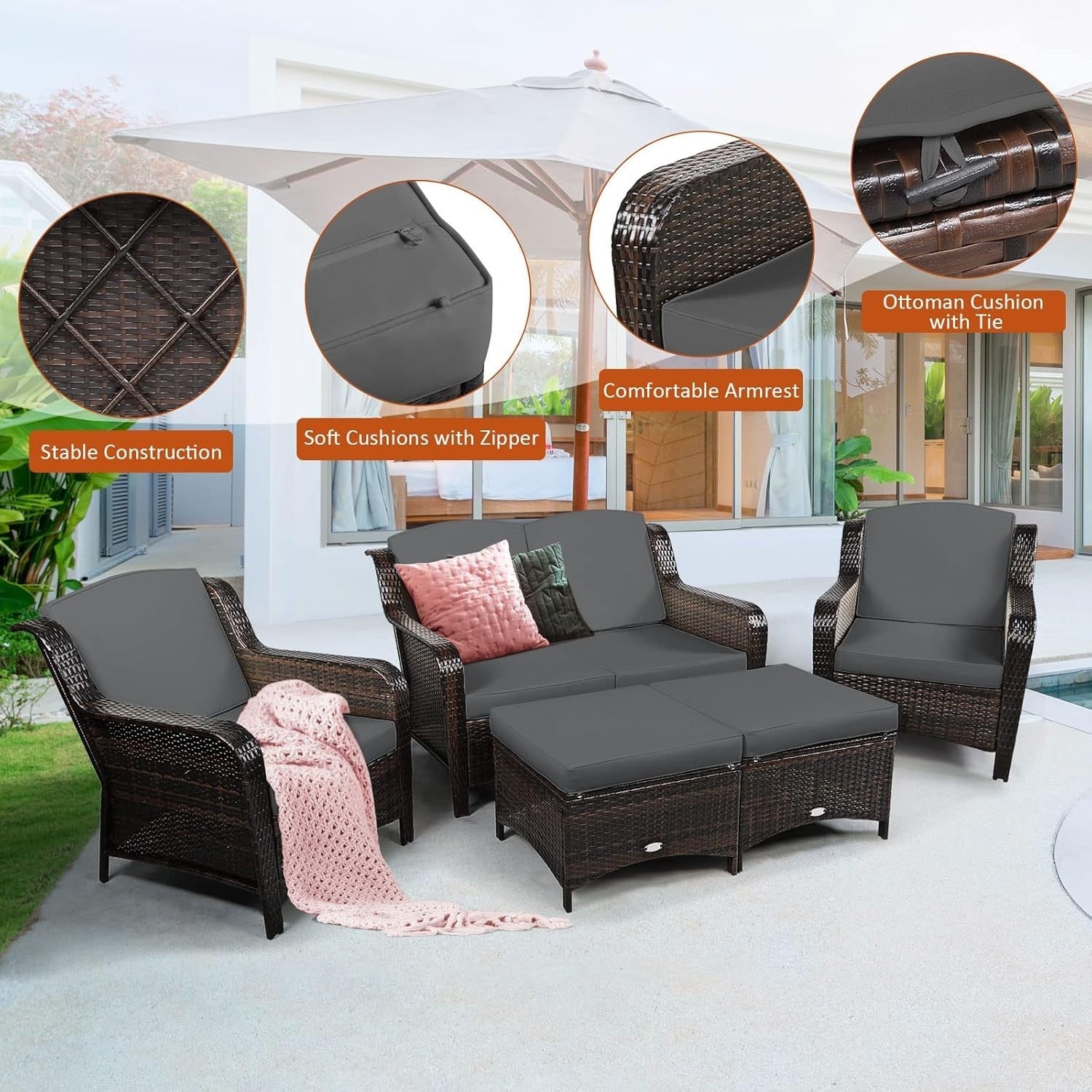 5-Piece Outdoor Rattan Patio Set with Loveseat, Sofas & Ottomans Grey