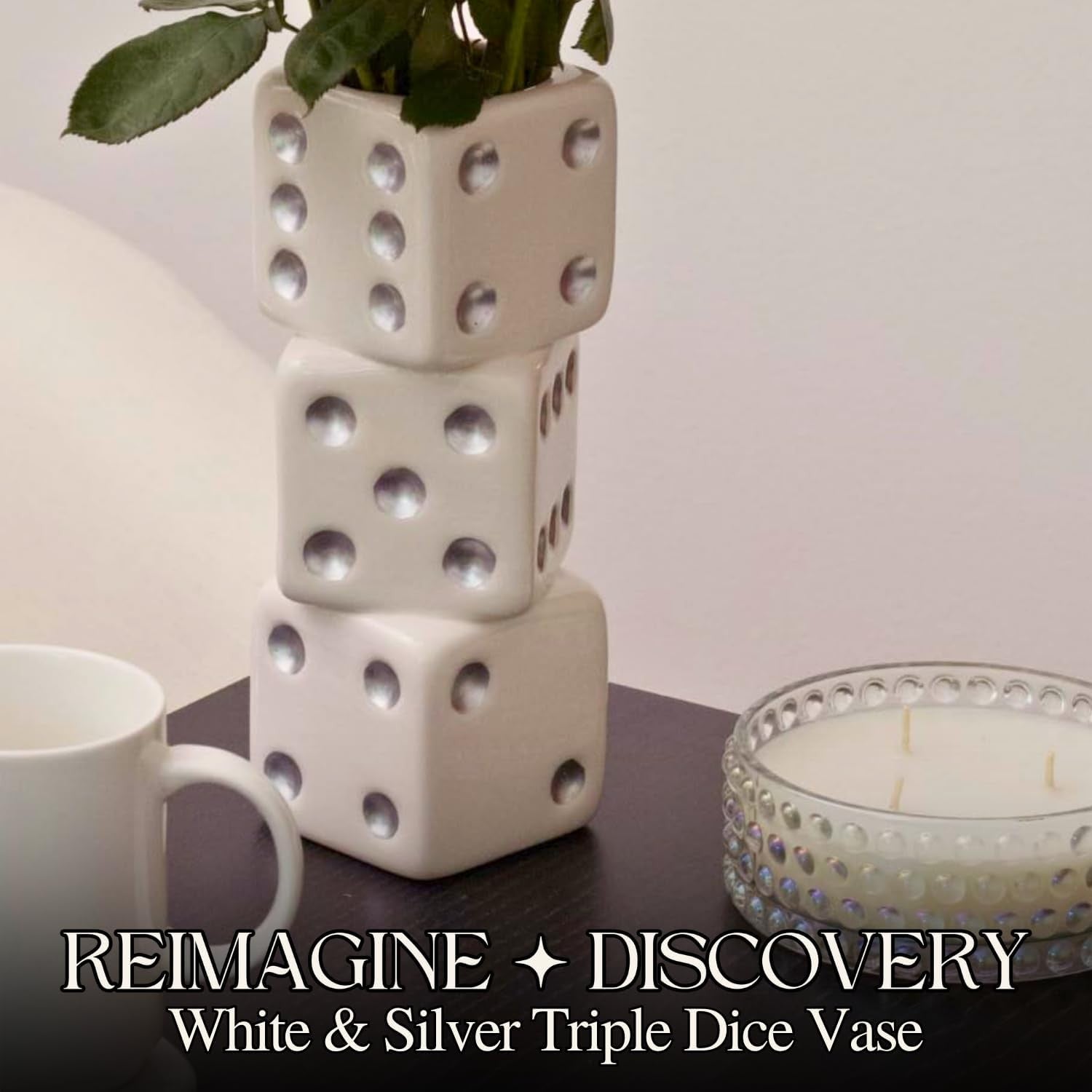 Dice Vase Ceramic Triple Stack White Silver Dot Modern Table Flower Decor