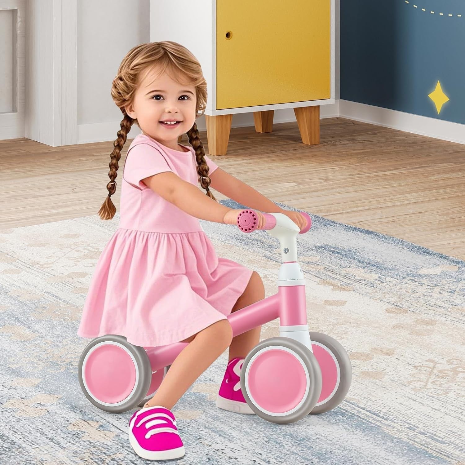 Baby Balance Bike 4 Wheel Toddler Ride On Adjustable Seat 1-3 Years