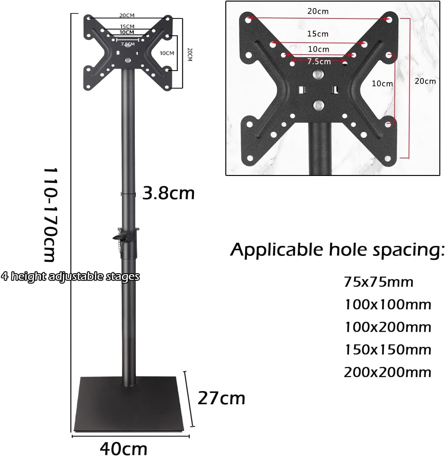 360° Swivel TV Floor Stand Adjustable Height for 14-43” LCD OLED TVs, 20kg