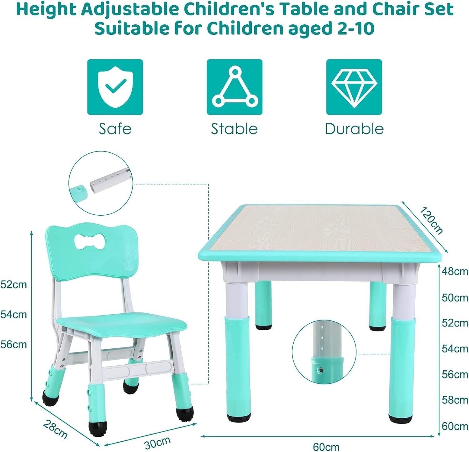 Adjustable Kids Table & 4 Chairs Set Durable Plastic Furniture Mint Green