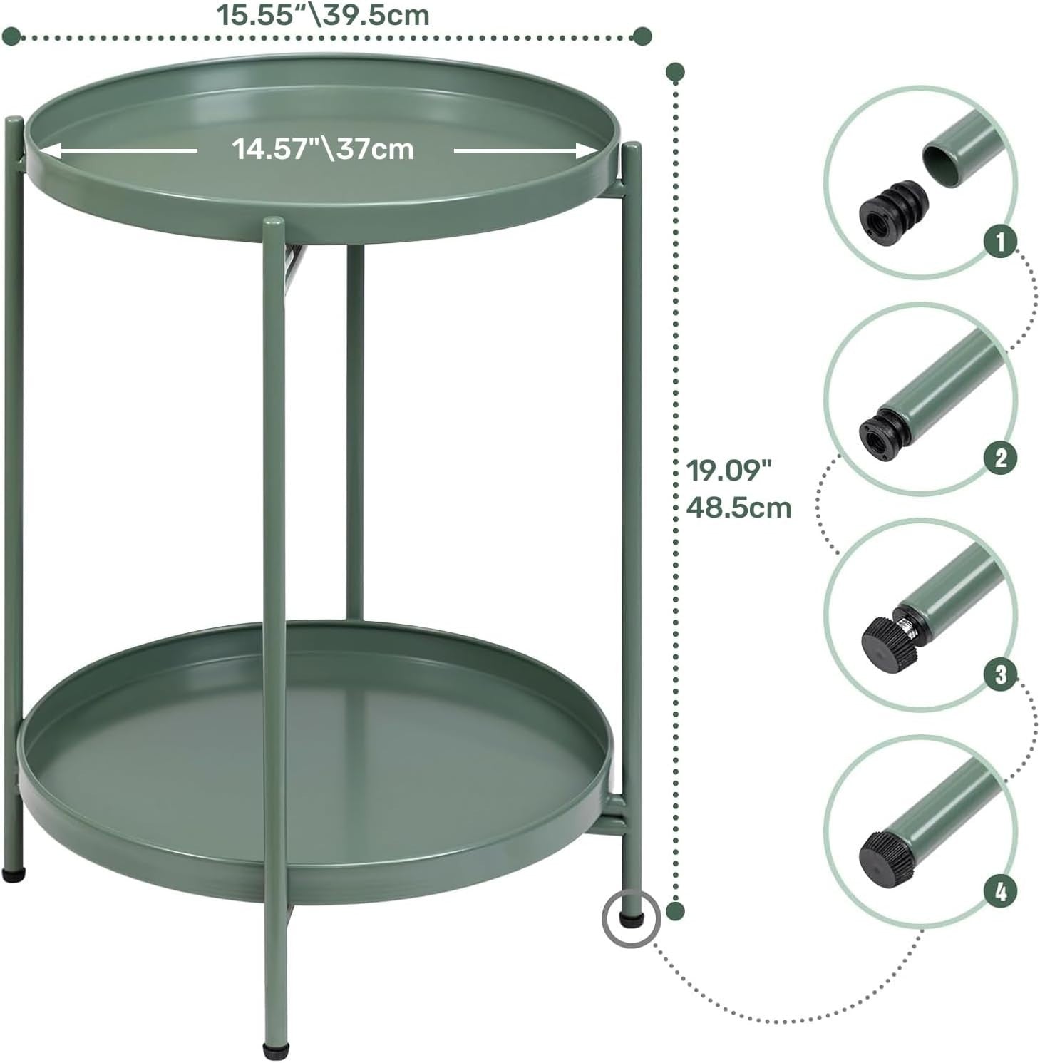 Small Round Metal Side Table 2-Tier Coffee Table Removable Tray Green