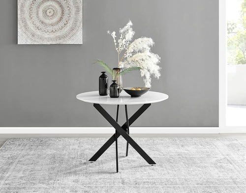 Round 100cm Marble Dining Table Gloss White Top + Black Metal Legs